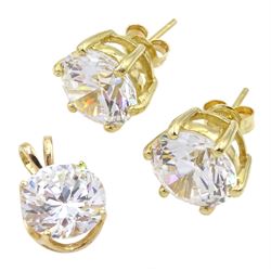 Gold round cubic zirconia pendant and a matching pair of stud earrings, both 14ct