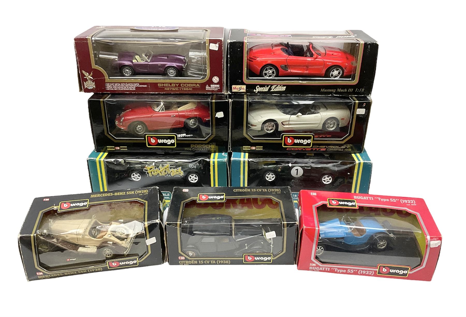 Nine 1:18/1:24 scale die-cast models - two Foxtons Mini Coopers; Road Legends Shelby Cobra; Maisto Mustang Mach III; and five by Bburago including Porsche 356B Cabriolet 1961, Chevrolet Corvette Convertible 1998 etc; all boxed (9)