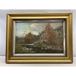 English School (19th century): Ducks by the Mill, oil on canvas, indistinctly signed and titled verso 30cm x 45cm