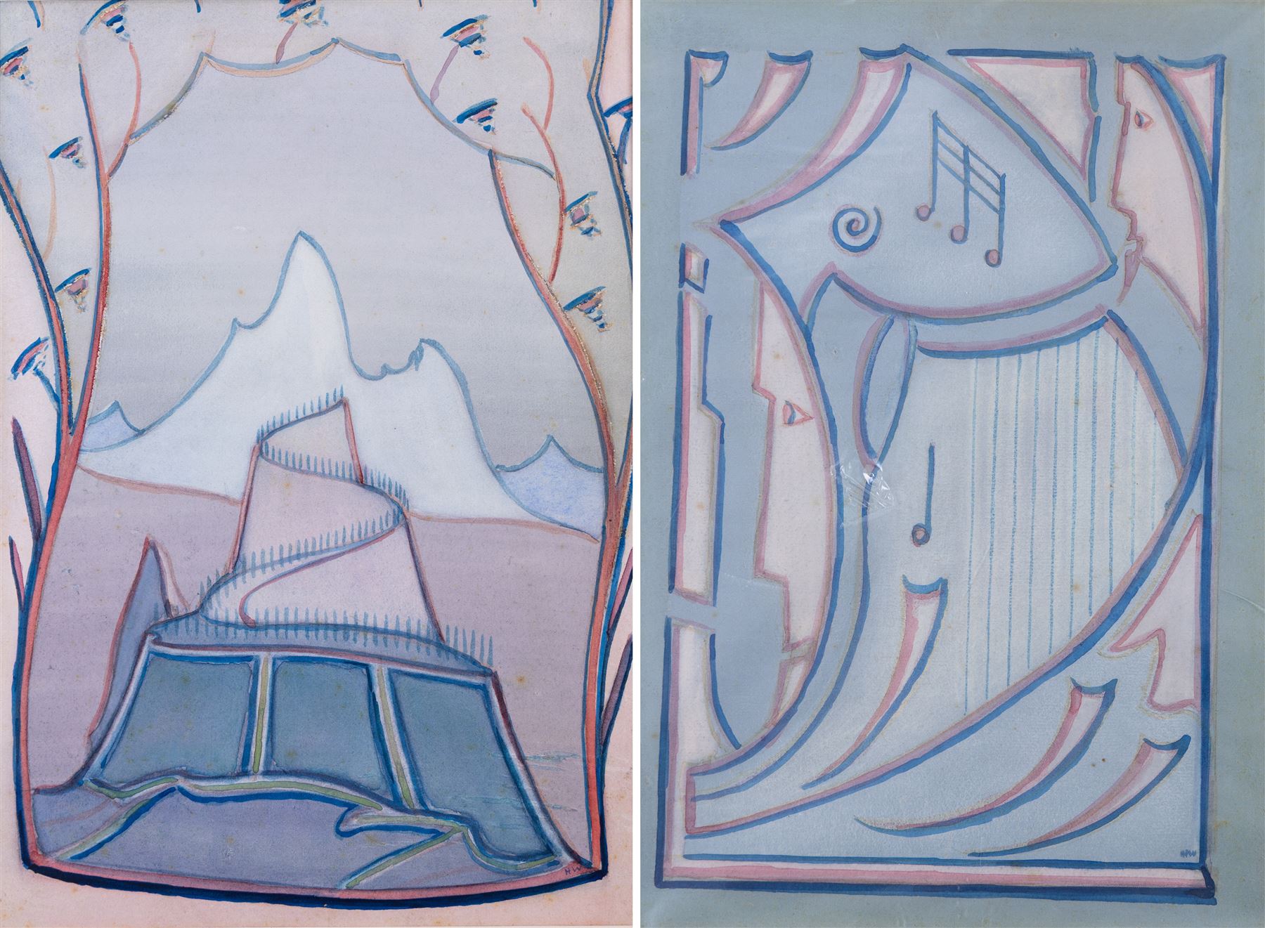 Hirst Walker (Staithes Group 1868-1957): Surreal Landscape Scene and Harp, pair watercolours signed with initials 36cm x 25cm (2) (unframed)