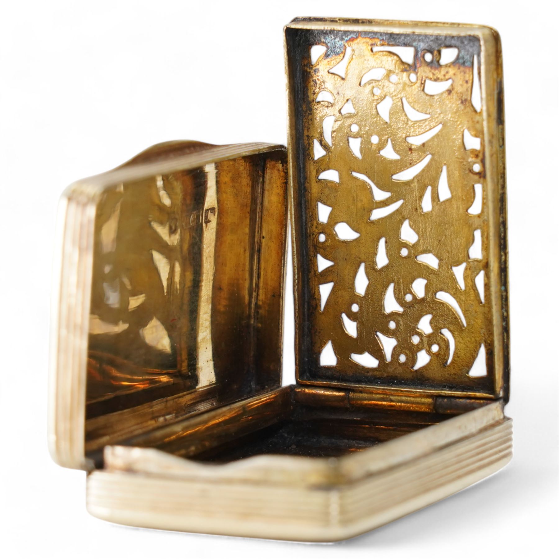 Victorian silver gilt rectangular vinaigrette with engine turned decoration and vacant cartouche Birmingham 1840 Maker William Simpson