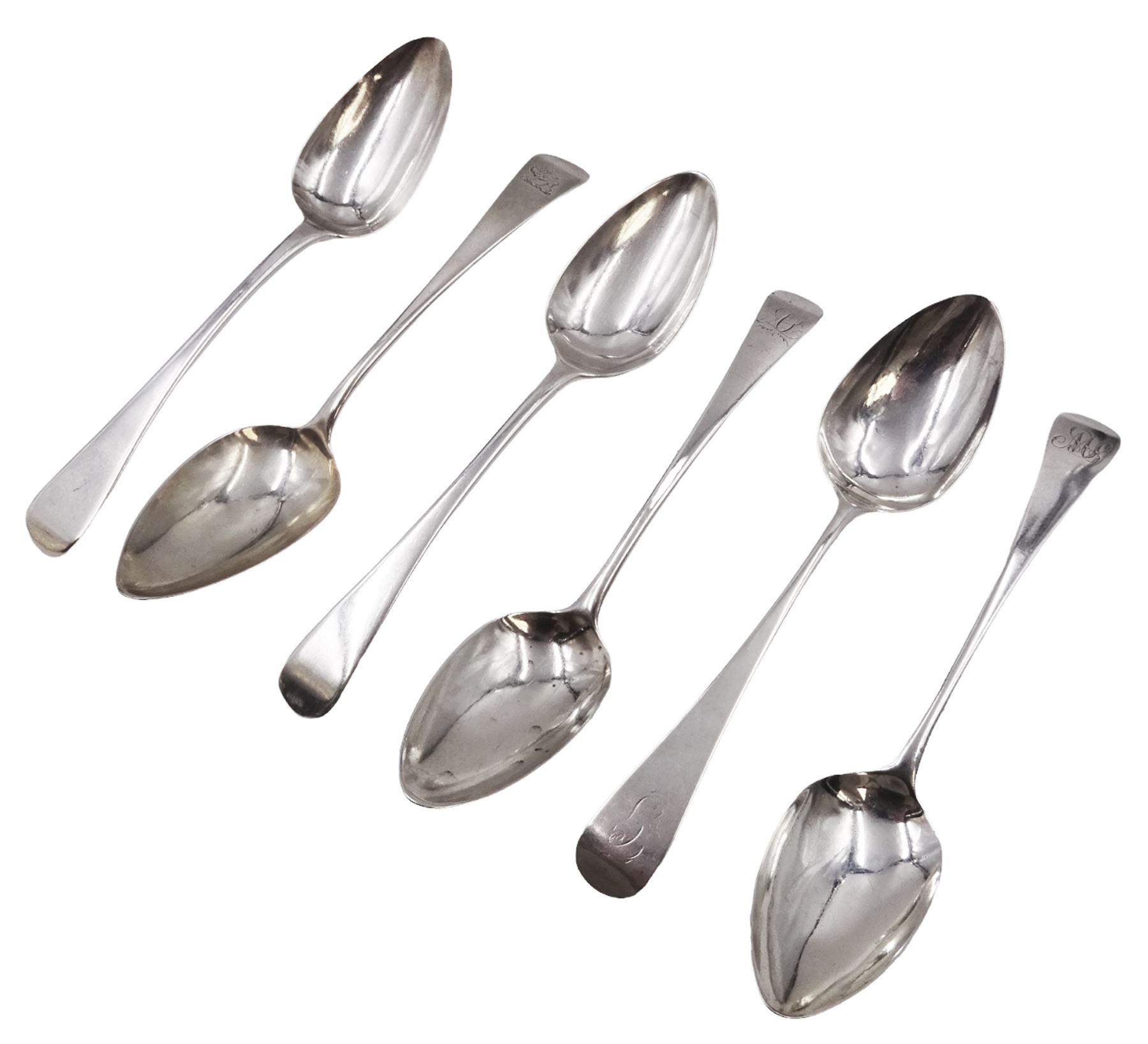 Six George III silver Old English pattern table spoons, including Newcastle silver example, with engraved initial to terminal, hallmarked Dorothy Langlands, Newcastle 1813, the five other examples all hallmarked London, dated between 1804 and 1818,  by various makers including Peter & William Bateman