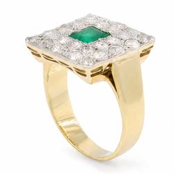 18ct gold emerald and diamond cluster ring, single octagonal cut emerald of approx 0.60 carat, surrounded by two rows of round cut diamonds in a square setting, total diamond weight approx 1.10 carat 