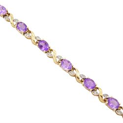 9ct gold amethyst and diamond bracelet, fifteen oval cut amethysts each spaced by two diamond chips in a crossover marquise setting, hallmarked