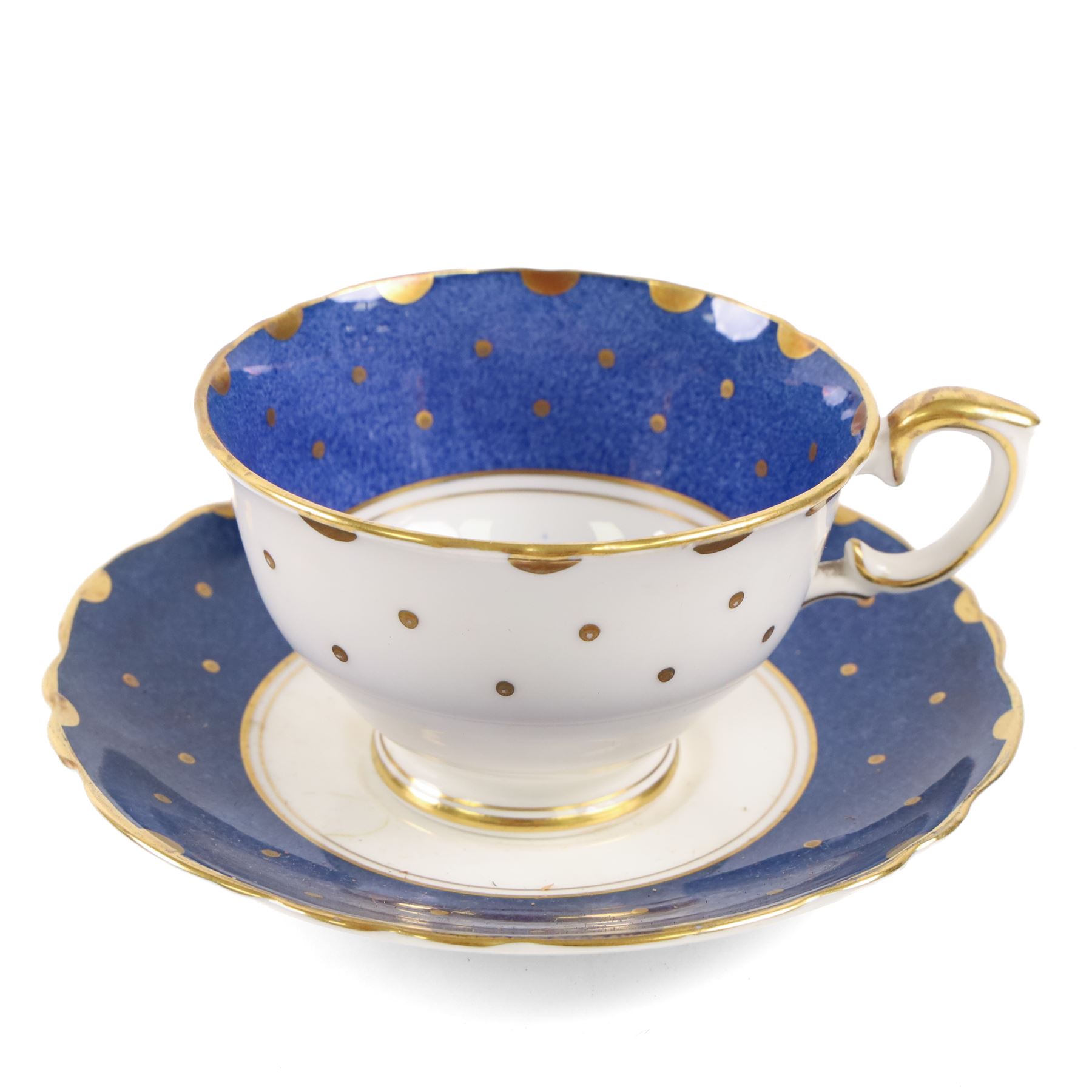 Crown Staffordshire Polka Dot tea service for six, comprising cups and saucers, milk jug, open sucrier, side plates and cake plate