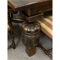 Royal Oak Furniture Co - Jacobean style oak dining table, rectangular top with a lunette carved frieze, acanthus carved baluster cup and cover supports joined by angular stretchers (276cm x 122cm, H81cm), and set ten (8+2) oak framed high back dining chairs upholstered in striped fabric with studded detail, turned supports and stretchers