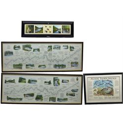 Nigel Houldsworth (British 20th century): 'Fisherman's map of the Salmon Pools on The River Dee' & 'River Spey', pair colour prints with vignettes signed in pencil together with 'Atlantic Salmon Lifecycle' and framed picture with fishing fly max 34cm x 100cm (4)