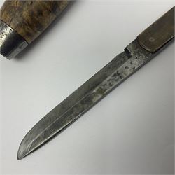 Mid 20th century Swedish barrel/sloyd knife by Segerstrom, with wooden handle and leather strap, stamped Segerstrom Eskiltuna Sweden, blade 8cm