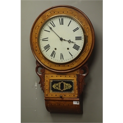  19th century drop dial wall clock with Tunbrigeware style inlays, twin train movement striking the hours on bell, H72cm  