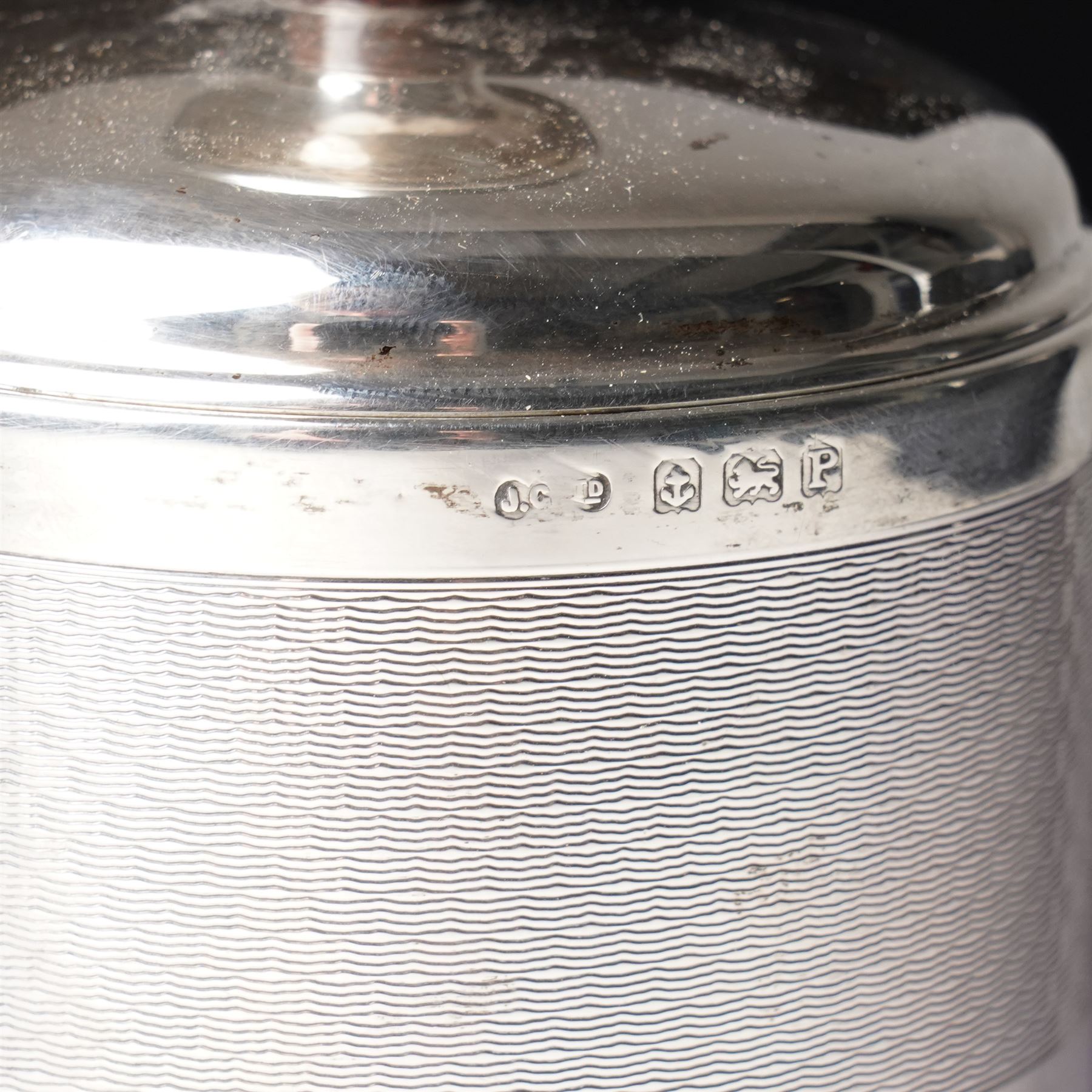 Silver cigarette dispenser with engine turned decoration, Bakelite base and divided interior H12cm Birmingham 1939 Maker Joseph Gloster Ltd