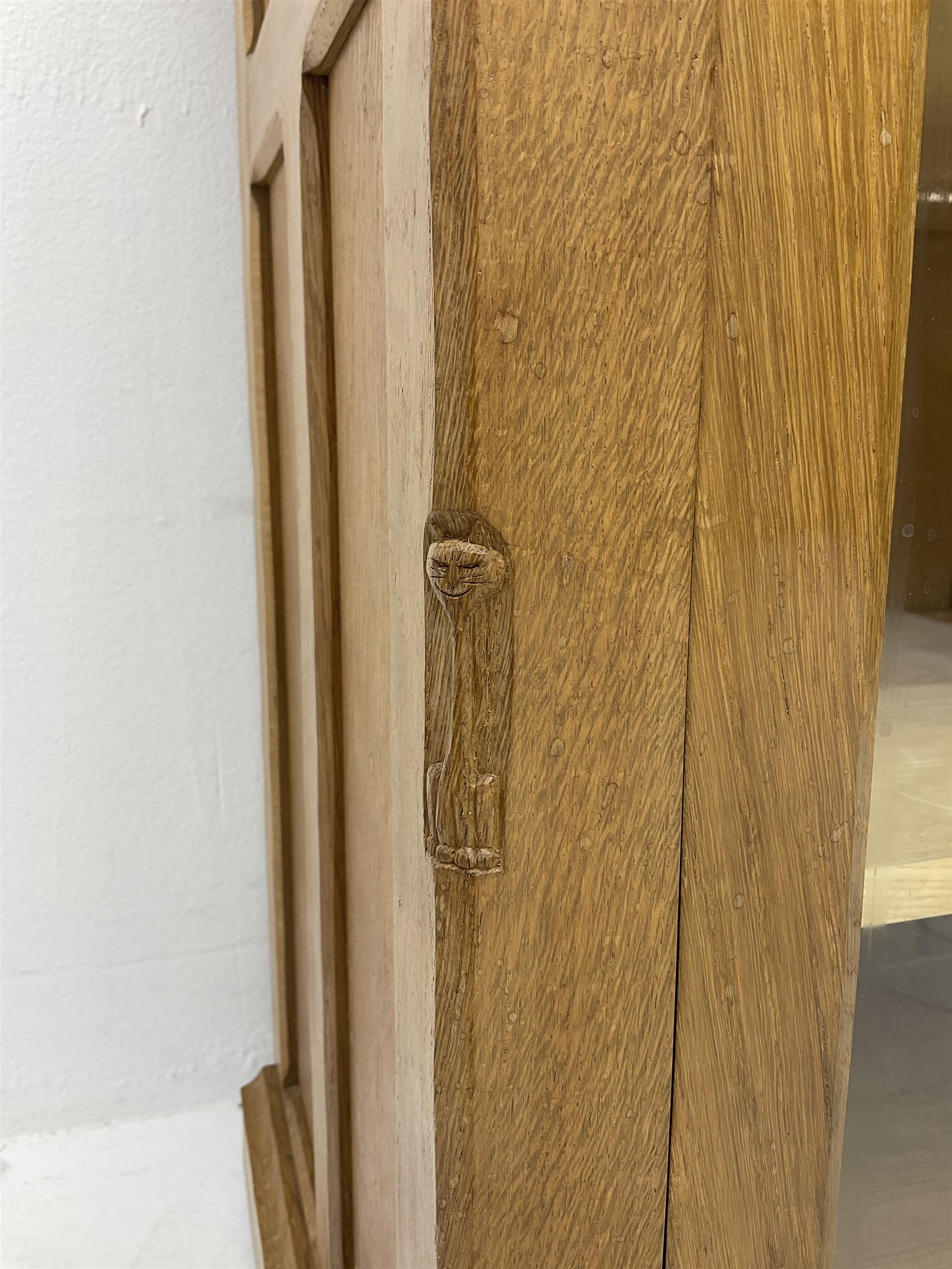 Catman - Yorkshire oak side cabinet, fitted with two glass doors, carved inset Cat signature, by Chris Checksfield of Whitby (Ex Gnomeman)