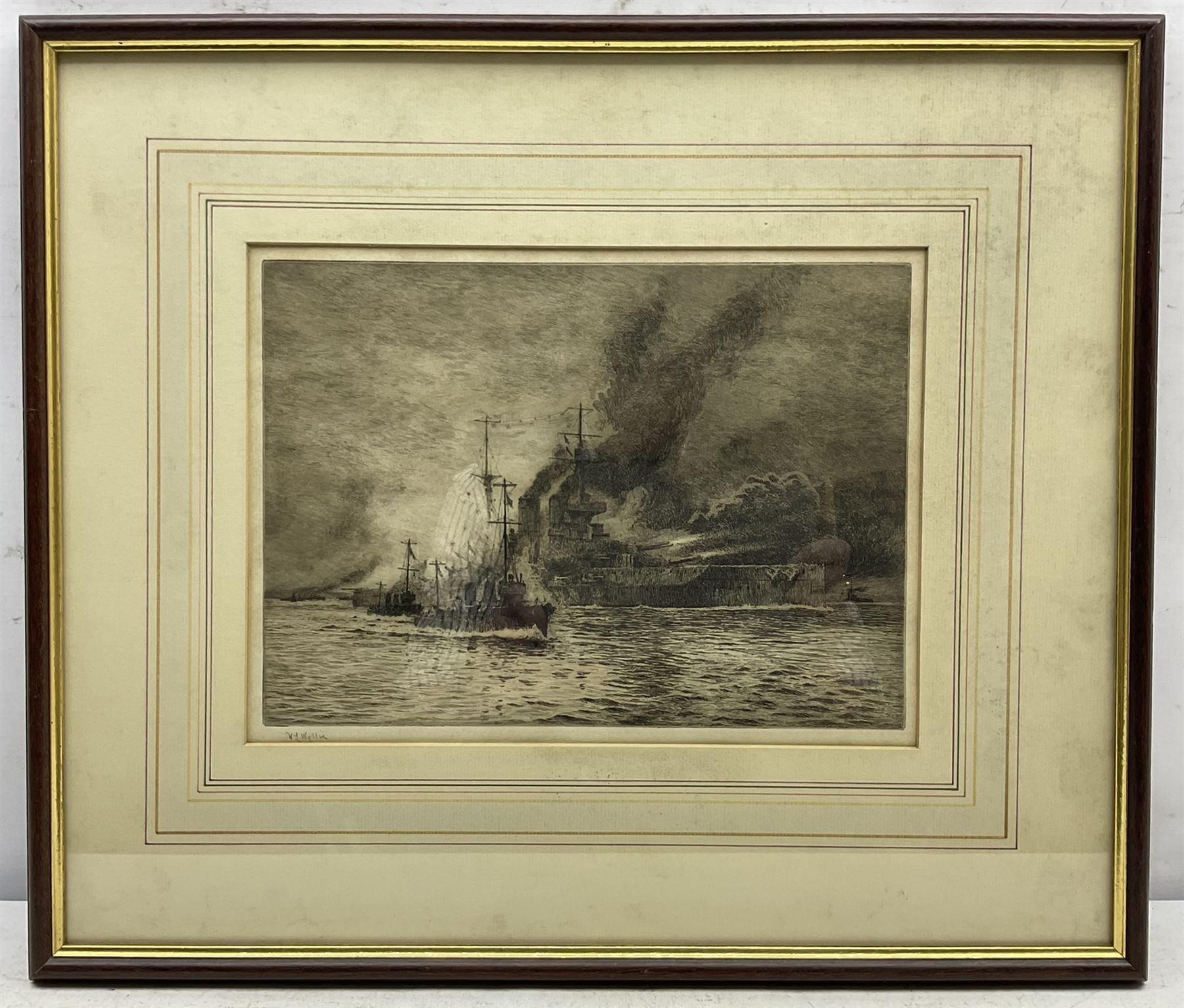 William Lionel Wyllie (British 1851-1931): HMS Queen Elizabeth at the Dardanelles, drypoint etching signed in pencil 22cm x 30cm