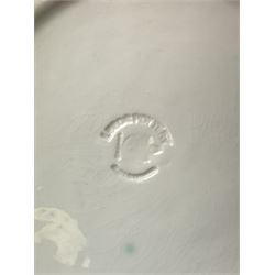 20th century Leeds creamware, comprising chestnut basket and stand, small tureen and cover, ladle, and associated stand, candlestick with stem modelled as a dolphin, teapot, tureen and cover in the form of a melon with fixed stand, and toast rack (toast rack a/f), each with impressed mark beneath. 