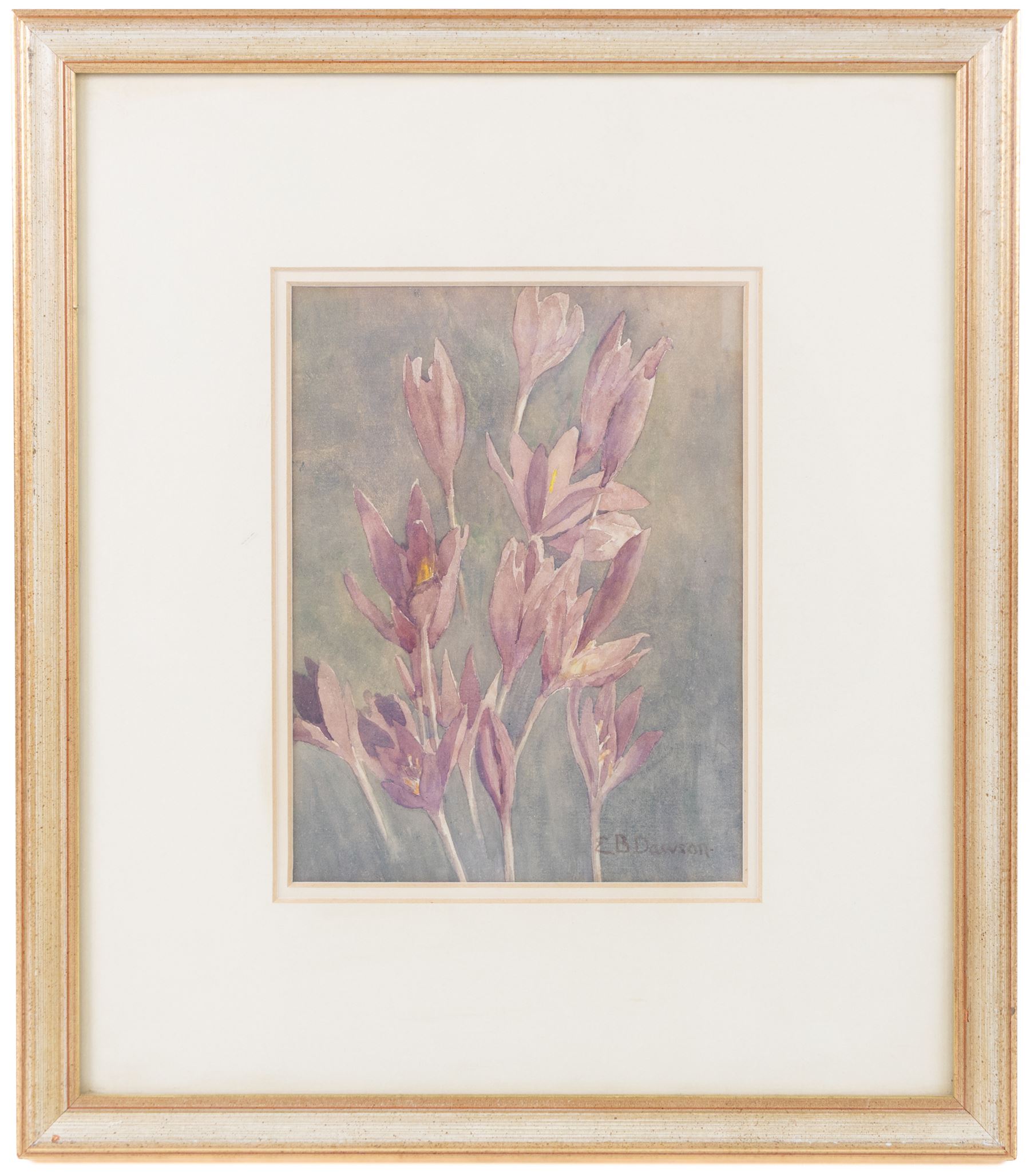 Edith Brearey Dawson (née Robinson) (British 1862-1928): Purple Flowers, watercolour signed 20cm x 15cm
Notes: Edith was the daughter of a Quaker Schoolmaster living in Scarborough as early as 1881, she studied under Albert Strange at the Scarborough School of Art, exhibiting at the Royal Academy and the RBA between 1889 and 1893. She married fellow artist Nelson Ethelred Dawson in 1893 then moving to London she mostly abandoned painting in favour of metal and enamel work.