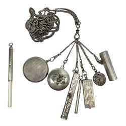Victorian style silver chatelaine necklace, suspending eight silver sewing and similar accessories, including tape measure, needle case, pencil holder, powder compact and pill box