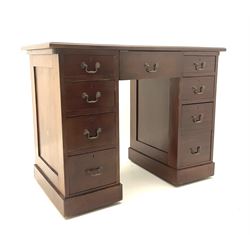 Late 20th century mahogany Kneehole desk, moulded rectangular top with leather inset, on twin pedestal base fitted with nine drawers, skirted base 