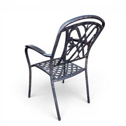 LeisureGrow - cast aluminium circular garden table, lattice design top, black finish; and six matching chairs with openwork back, complete with seat cushions and adjustable parasol