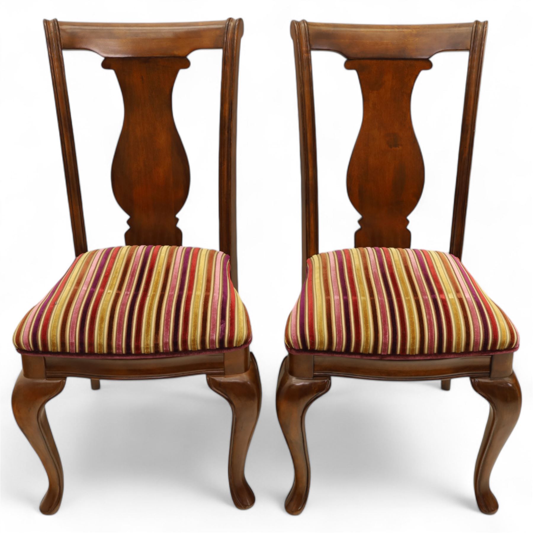 Willis & Gambier - mahogany extending dining table, rectangular top with rounded corners on cabriole legs, with two 35cm extension leaves, four Willis & Gambier upholstered high back chairs and four mahogany chairs, upholstered in a stripped multi-coloured velvet fabric, with scroll-shaped top rail, lyre-shaped back splat on cabriole legs, chairs W46xD91x97cm (11) 