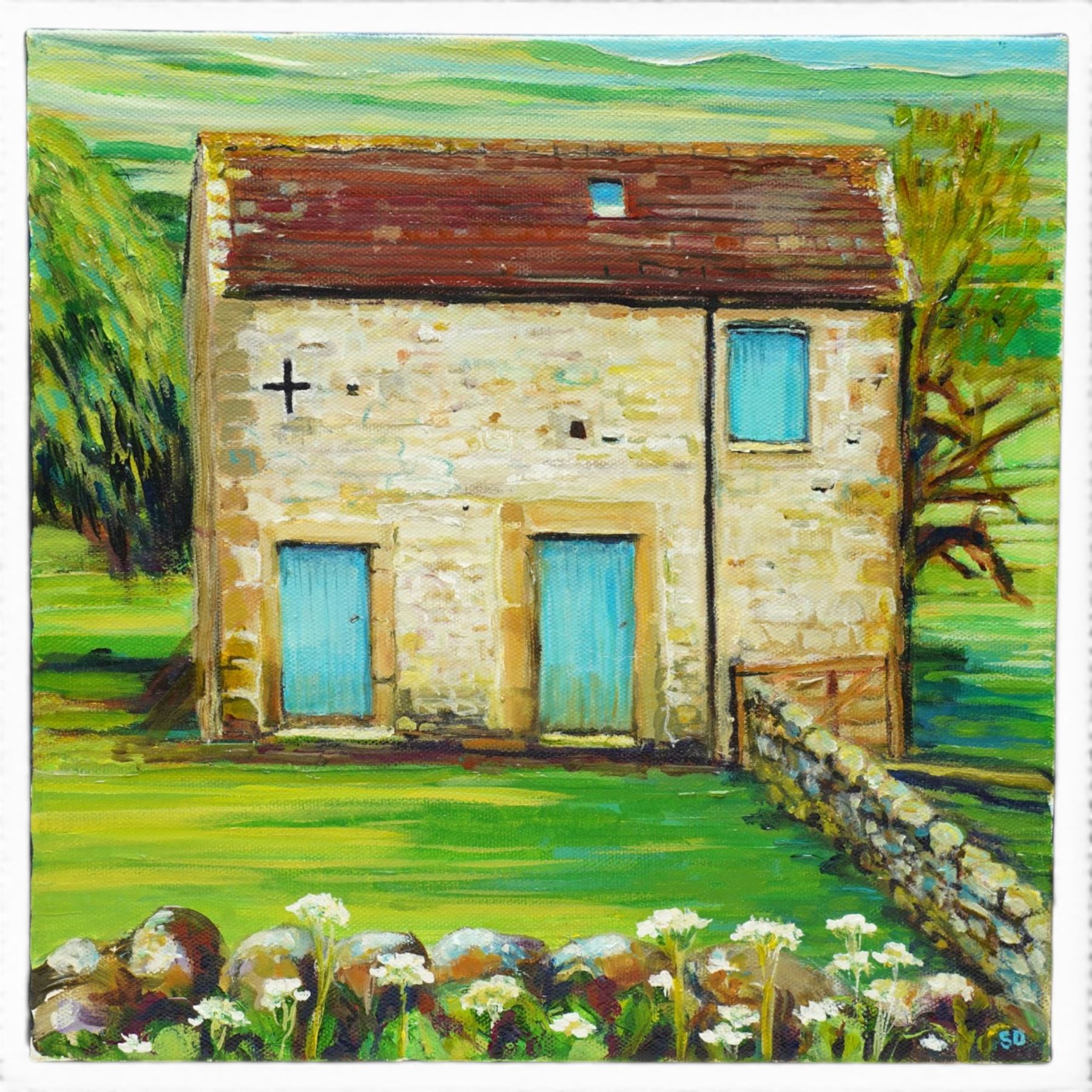 Sue Dewhurst (British Contemporary): 'Barn with Blue Door' 'Blue Metal Barn' 'Haytime' and others, set of five oils on canvas variously signed and titled, max 61cm x 61cm (5)