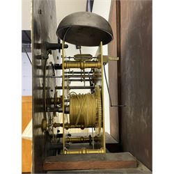 18th-century profusely carved oak longcase clock - with a pagoda pediment, upstands and carving, 
 break arch hood door flanked by reeded pilasters with brass capitals, trunk with canted corners and a spire topped door, square plinth with applied skirting, break arch brass dial with wheatsheaf engraving and cast cherub and crown spandrels, engraved break arch with the London clockmakers name John Gordin, silvered chapter ring with Roman numerals, five minute Arabic's, minute and quarter hour tracks, matted dial centre with ringed winding holes, square date aperture and seconds ring, dial pinned to a five pillar movement with inside countwheel striking, striking the hours on a cast bell. With weights and pendulum. John Gordin, is possibly a mis-spelling or phonetic spelling of John Gordon, of London, who worked from Ludgate Street in the parish of St. Gregory by St. Pauls. Apprenticed in 1689 and died in 1732 when his will was proven.
