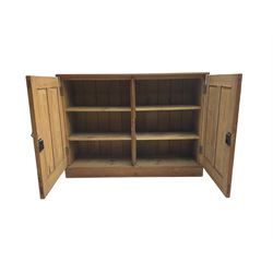 19th century pitch pine farmhouse cupboard, fitted with two panelled doors enclosing four shelves
