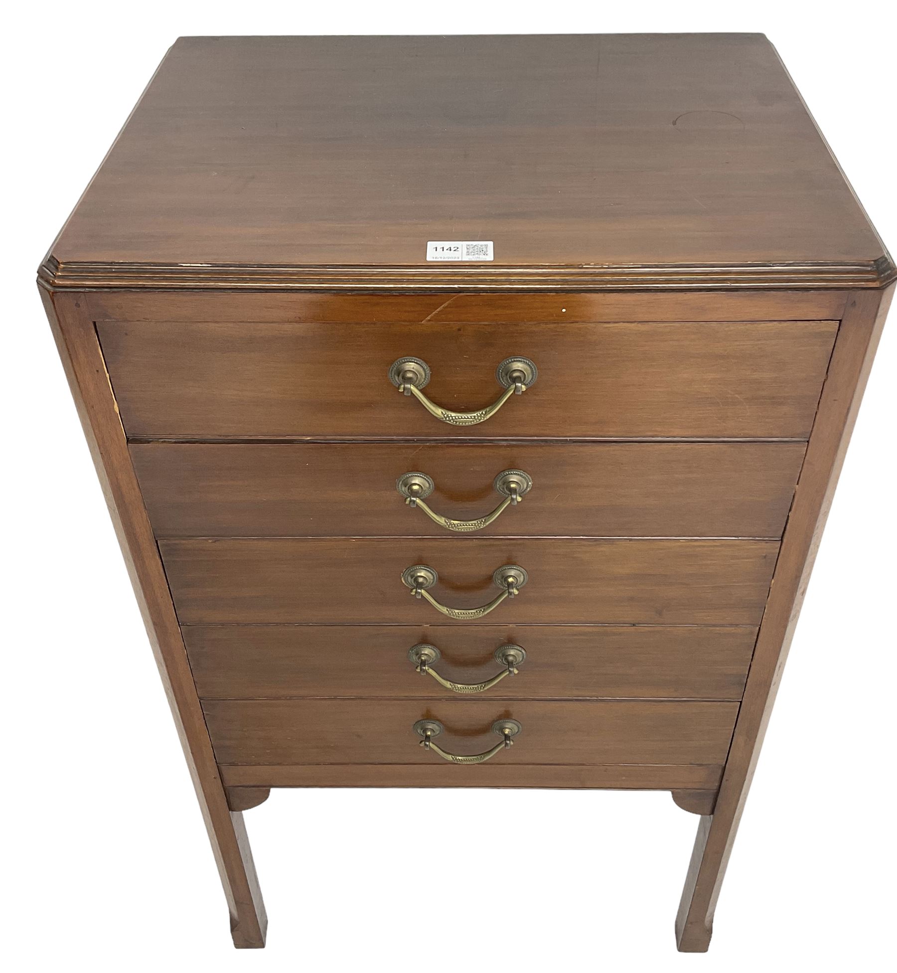 Edwardian mahogany five-drawer music cabinet, moulded top over five drawers with fall fronts, on chamfered square supports 