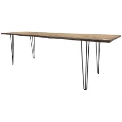 Rustic elm slab dining table, raw edge rectangular plank top, on black finish out-splayed supports 