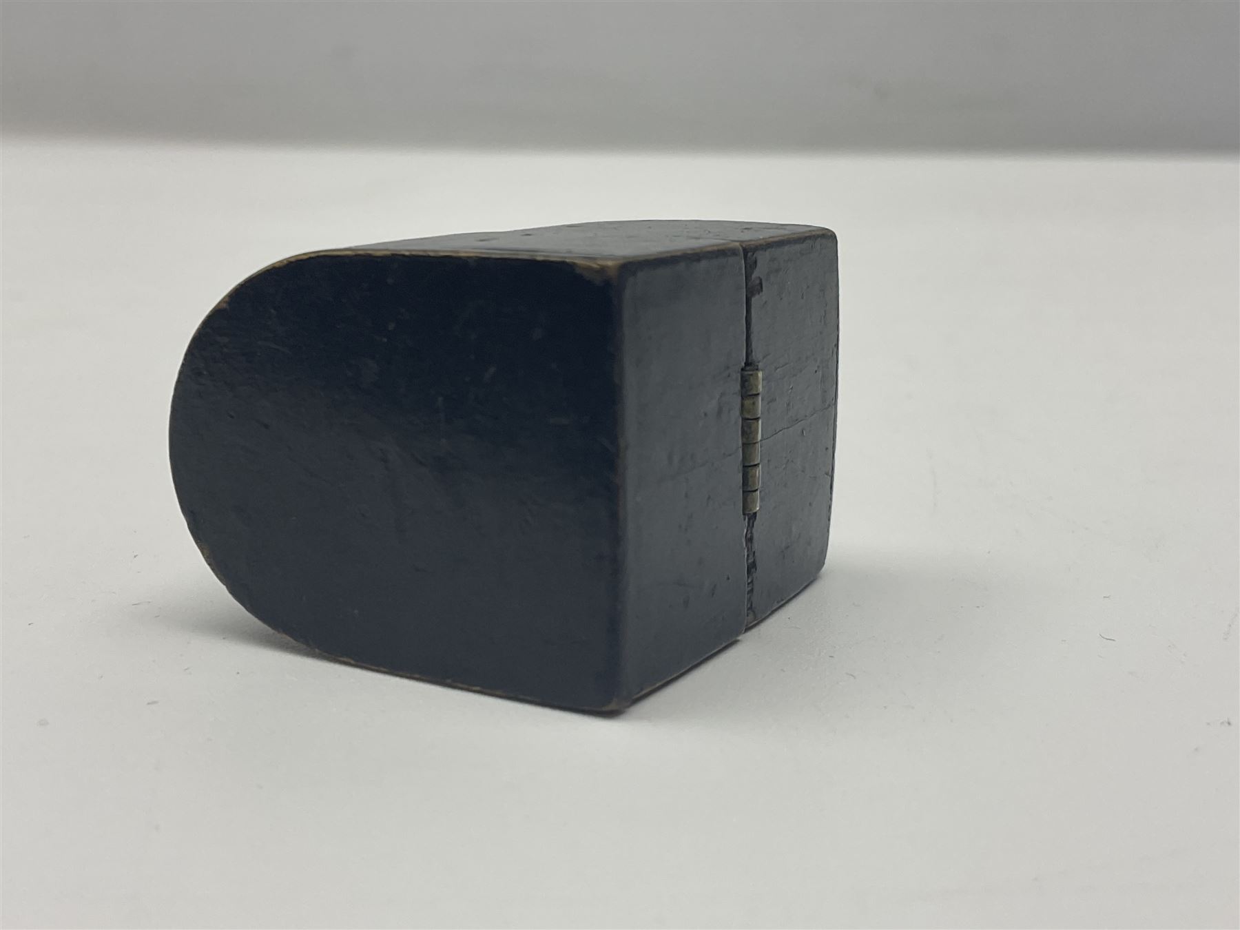 19th century lacquer thimble case with painted portrait of a woman to the hinged lid, together with two mother of pearl egg shaped thimble cases and one other