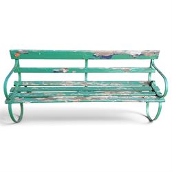 Antique Regency design green-painted wrought iron and slatted garden bench, the scrolled loop-form strapwork end supports fitted with a slatted timber back and seat