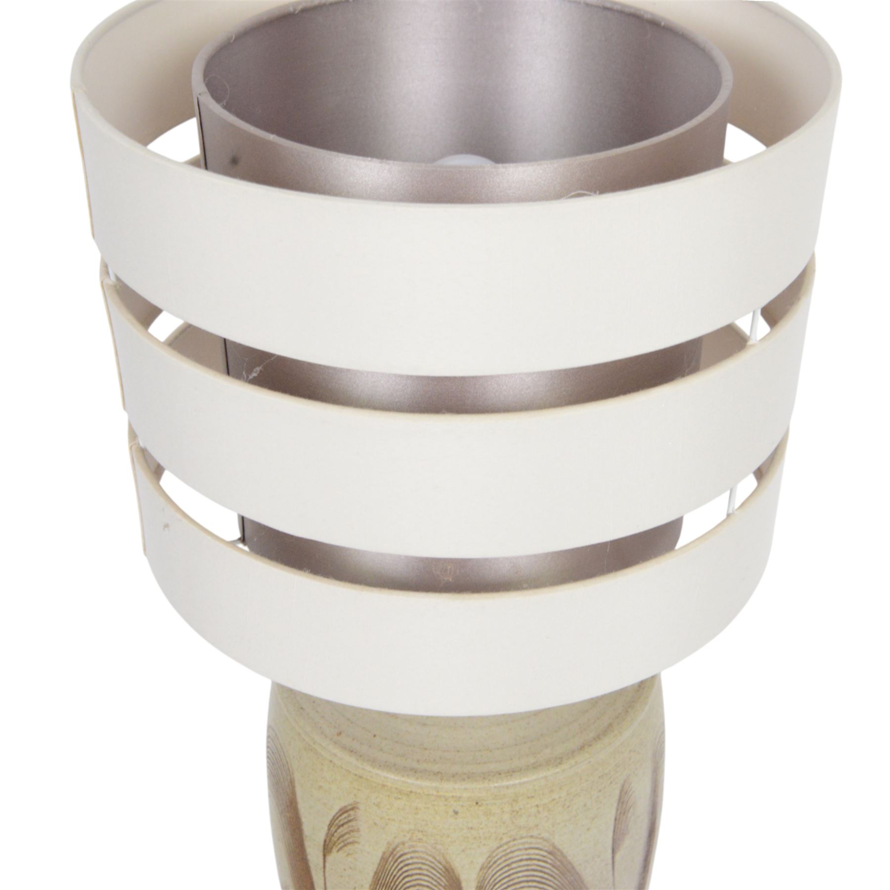 David White pottery lamp, of baluster form with elongated neck, with a brown spiral pattern on a cream ground, without shade H52cm