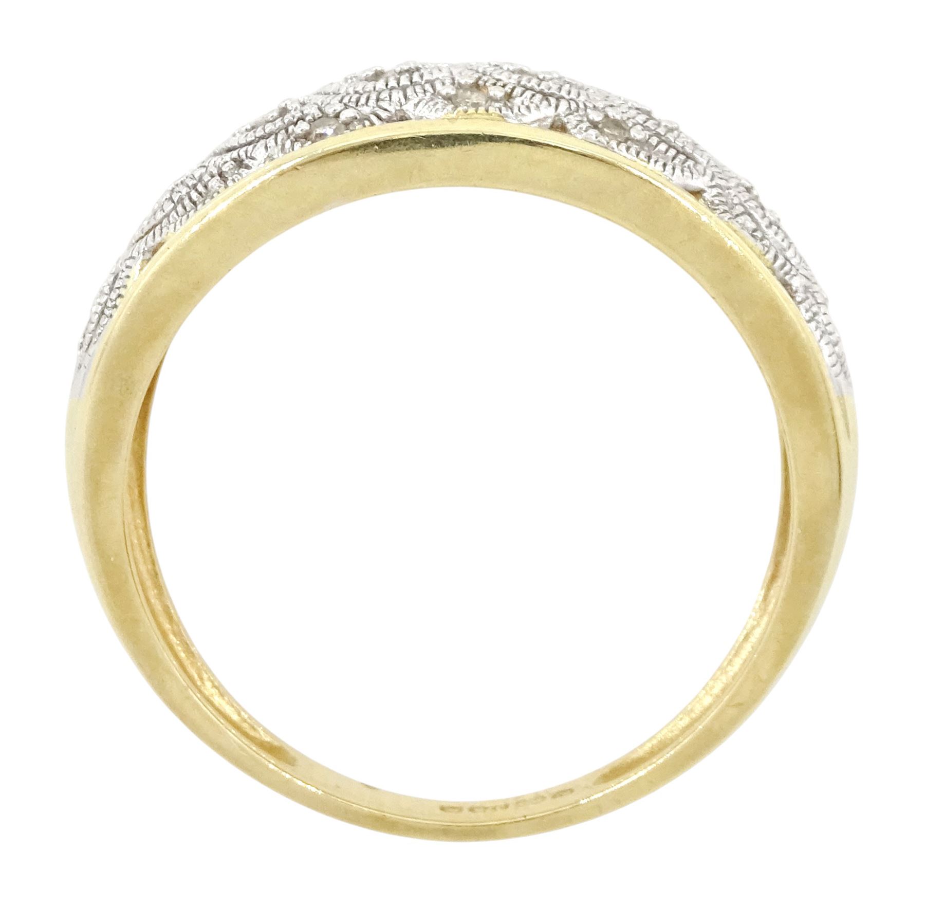 9ct gold diamond ring, milgrain set diamond chips, in a fancy openwork setting, hallmarked