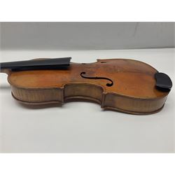German violin c1900 for re-assembly with 36cm two-piece maple back and ribs and spruce top; L59cm; in ebonised wooden 'coffin' case with two bows