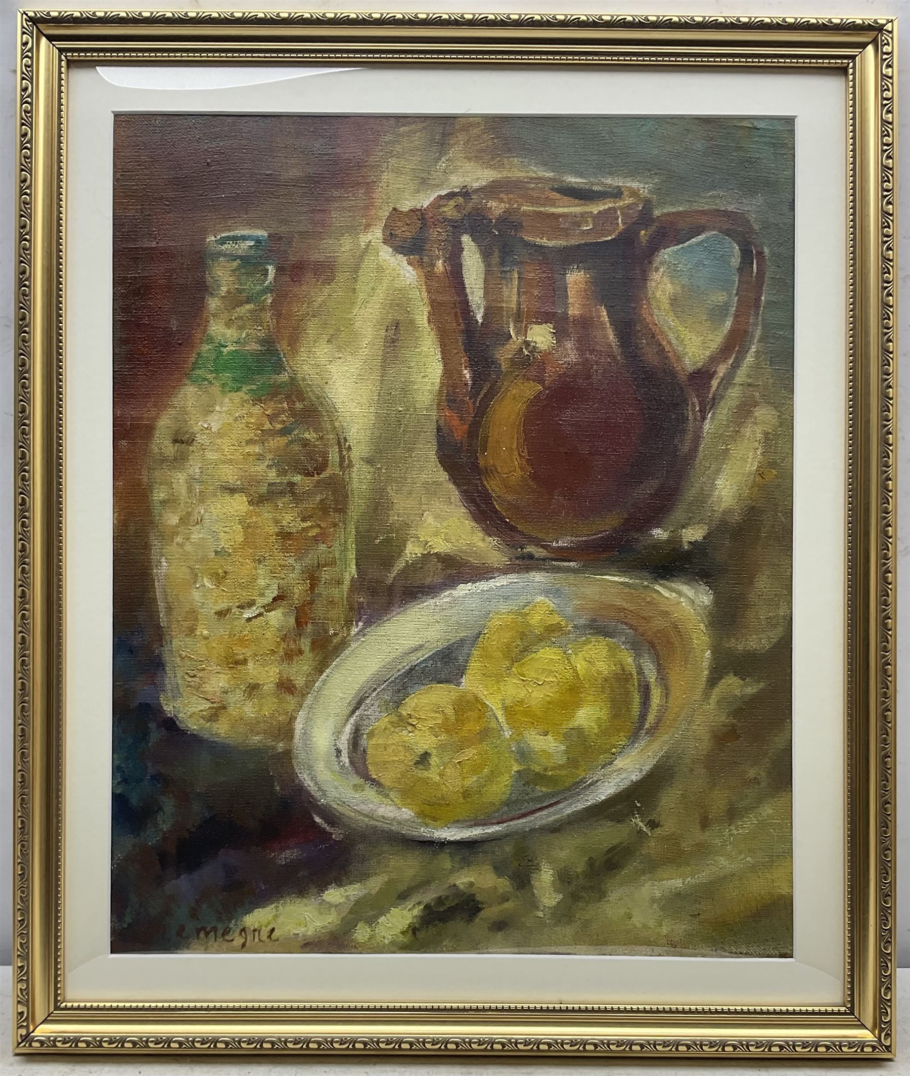 Pinchus Krémègne (Belarusian/French 1890-1981): Still Life of a Stoneware Jug Bottle and Fruit, oil on canvas laid on board signed 53cm x 43cm 
Notes: Krémègne was a Lithuanian Belarusian Jewish-French artist, primarily known as a sculptor, painter and lithographer. He was a native of Zhaludak near Lida, now Belarus, and was a friend of both Chaïm Soutine and Michel Kikoine. He studied sculpture at the Vilnius Academy of Art, and died at Ceret France.