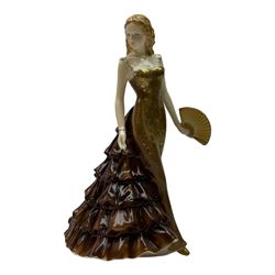 Two Royal Doulton figures, Victoria HN2471 and Wistful HN2396, together with three Royal Worcester figures Sappier, Amber and Claudia 