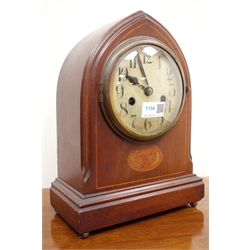  Edwardian lancet cased inlaid mahogany mantel clock, with silvered Arabic dial, twin train movement striking the hours on a gong, H32cm and an Edwardian gilt metal mounted white alabaster mantel timepiece, H33cm (2)   
