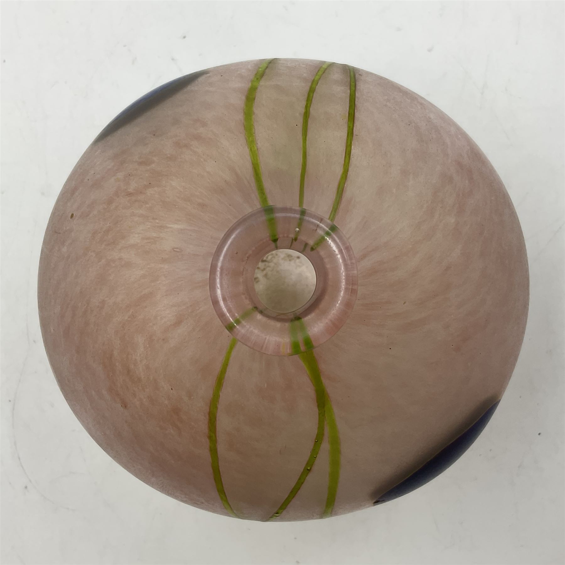 Norman Stuart Clarke vase, of squat spherical form, decorated with lustre lozenges and sea grass upon a pink ground, signed beneath, H10cm