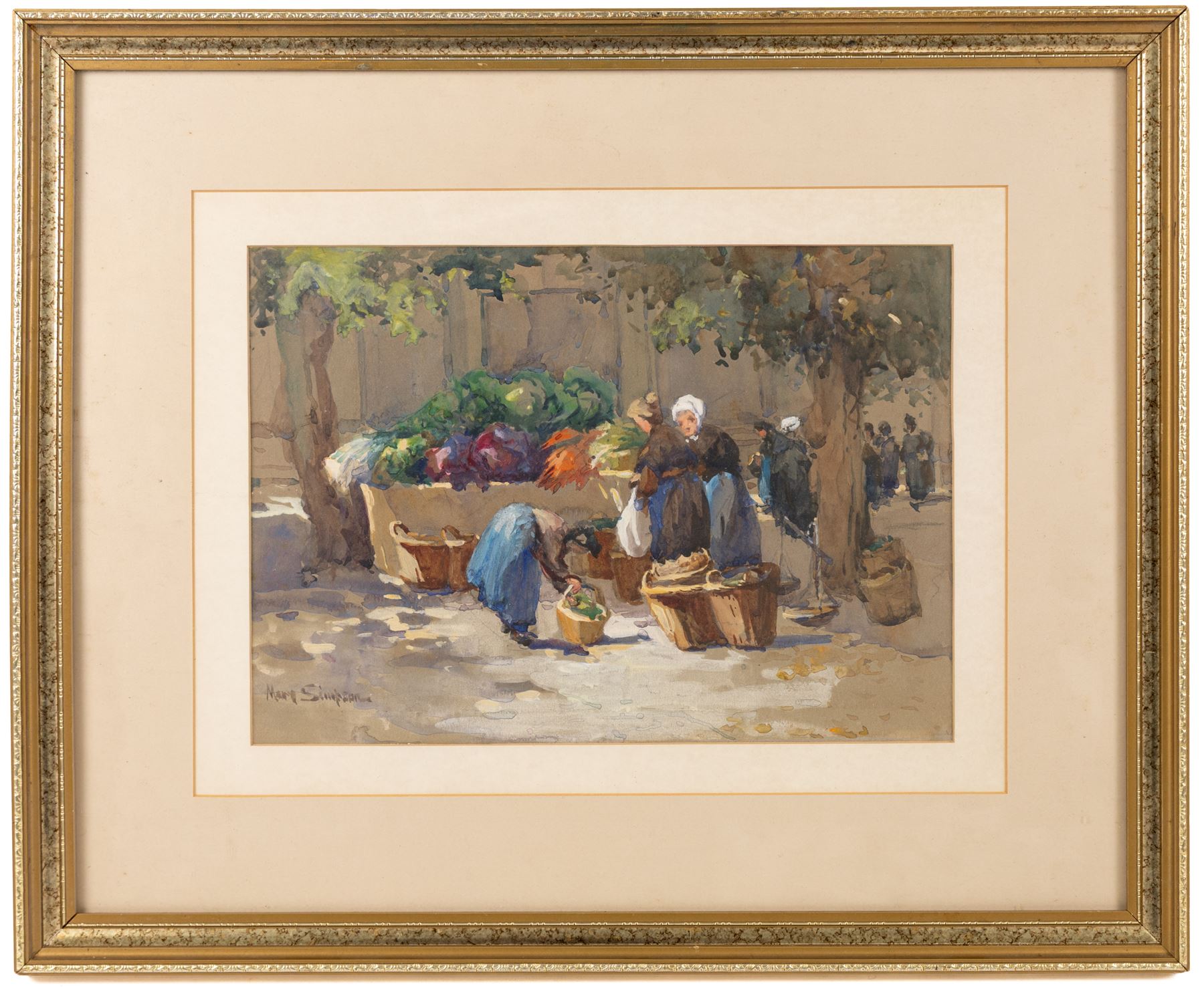 Mary Goudie Simpson (British 1869-1934): 'Vegetable Stall - Bruges', gouache signed, titled verso; Jean Fletcher (British 20th Century): 'St Anne's Square', mixed media signed and dated '95; together with two still lifes, oils on board signed K T and L I Warburton one dated 1906 max 45cm x 45cm (4)