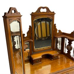 Edwardian satin walnut dressing chest, raised triple swing mirror back with trinket drawers, two short and two long drawers