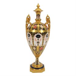 Royal Crown Derby Imari 1128 pattern  twin handled pedestal urn vase, H31cm