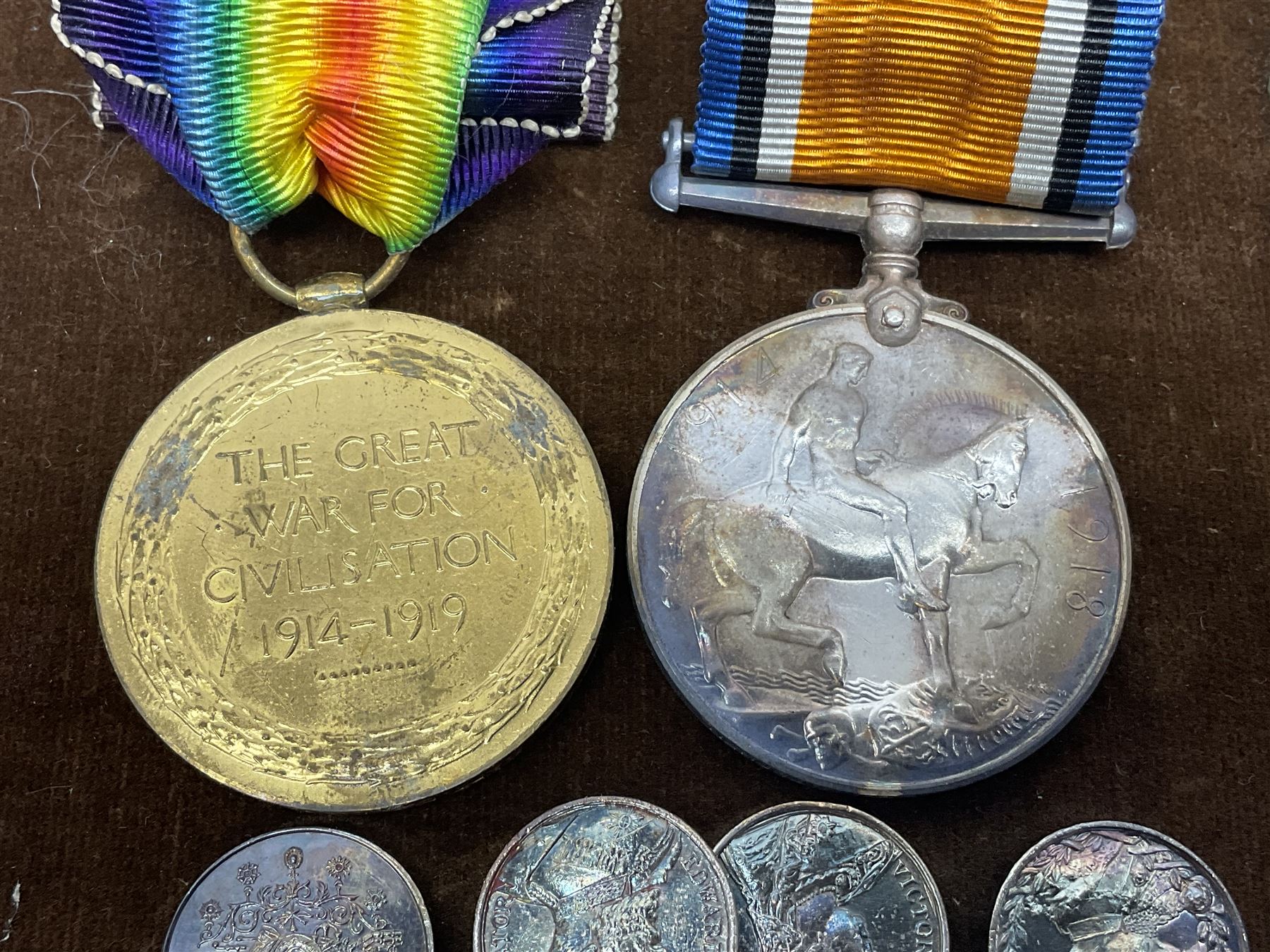 DOW Eure-et-Loir group of seven Boer War/WW1 medals comprising Queens South Africa Medal with three clasps for Cape Colony, Transvaal and Wittebergen, Kings South Africa Medal with two clasps for South Africa 1901 and South Africa 1902, Turkish Liakat Medal, George V Coronation Medal, 1914 Star with 5th Aug.-22nd Nov. 1914 bar, British War Medal and Victory Medal awarded to Captain Douglas Leslie Stephen Grenadier Guards; group of four Boer War and 1911 Coronation miniature medals; all with ribbons and later mounted and framed with his bronze memorial plaque;  together with Cecil Cutler (active 1886-1934) heightened watercolour three-quarter length portrait of Douglas in uniform, signed and dated 1915, 52 x 35cm; gilt frame; Auctioneers Note: Douglas was the elder brother of Albert Alexander Leslie Stephen (see previous lot) and died of wounds on 10th September 1914 in France.