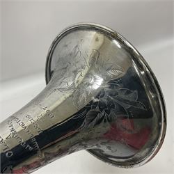 Victorian Class A silver plated trumpet retailed by Kitchen & Co,29 Queen Victoria Street Leeds, 1897 with mouthpiece/slide and in its original felt lined box
