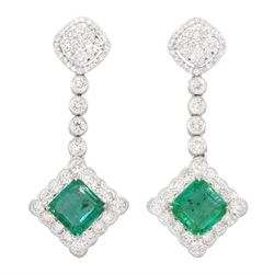 18ct white gold milgrain set octagonal cut emerald and round brilliant cut diamond pendant stud earrings, with World Gemological Institute report