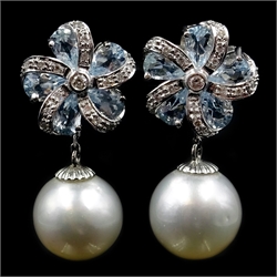  Pair of 18ct white gold pearl, aquamarine and diamond pendant ear-rings hallmarked  