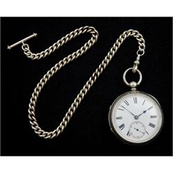 Victorian silver open face fusee lever pocket watch by Adam Burdess, Coventry, No. 11084, white enamel dial with Roman numerals and subsidereary seconds dial, case makers mark IH (possibly John Harris), London 1877, on later silver Albert chain with clip