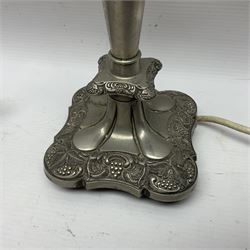 Pair of Corinthian column candlesticks, and a silver plated lamp, candlesticks H26cm