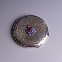 1930s silver cigarette case, of curved rectangular form with engine turned decoration and vacant cartouche, hallmarked Joseph Gloster Ltd, Birmingham 1934 and a 1930s silver sweetheart compact with engine turned decoration and enamel Royal Engineers crest, hallmarked Crisford & Norris Ltd, Birmingham 1939, cigarette box L12cm, H8cm