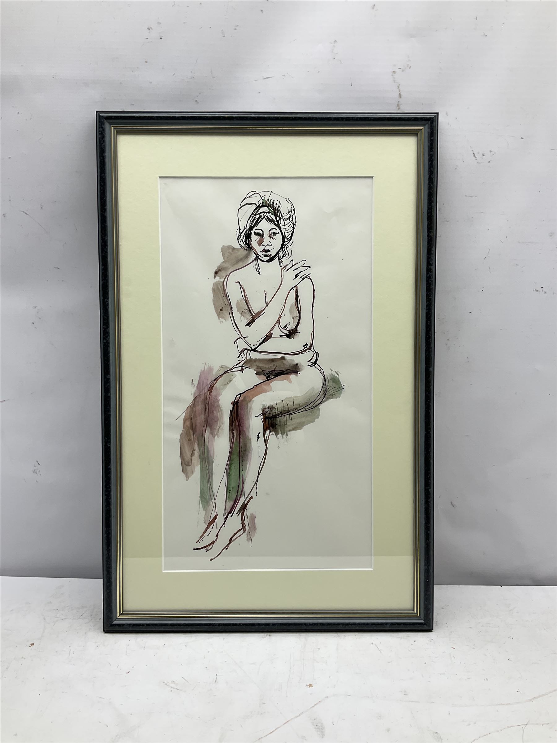 Peter Collins ARCA (British 1923-2001): Seated Nude with Headscarf, pen ink and wash 44cm x 23cm 
Provenance: artist's studio sale: The late Georgina and Peter Collins Collection, 'The Contents of Stanley Studios, Chelsea'; with Sulis Fine Art