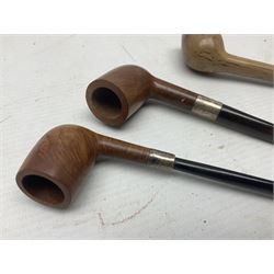 Collection of eight silver mounted pipes, comprising a briar wood Imperial ITC example with silver collar hallmarked A.W Birmingham 1903, horn handled example with silver collar hallmarked LB, probably Louis Blumfeld, Birmingham 1900, three examples marked B.W, one marked Globe A.O.C, Blumfeld's Best Briar pipe marked BBB and Riseagle example, together with two further pipes (10)