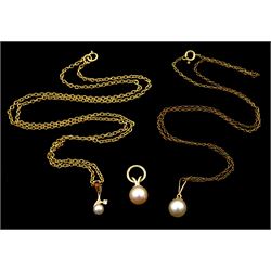 Gold pearl and diamond pendant necklace, two gold pearl pendants and one gold chain, all 9ct hallmarked or tested 
