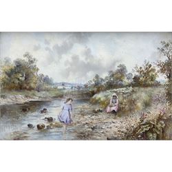 Scott (19th/20th century): Children Playing in a Stream, oil on glass signed 28cm x 43cm